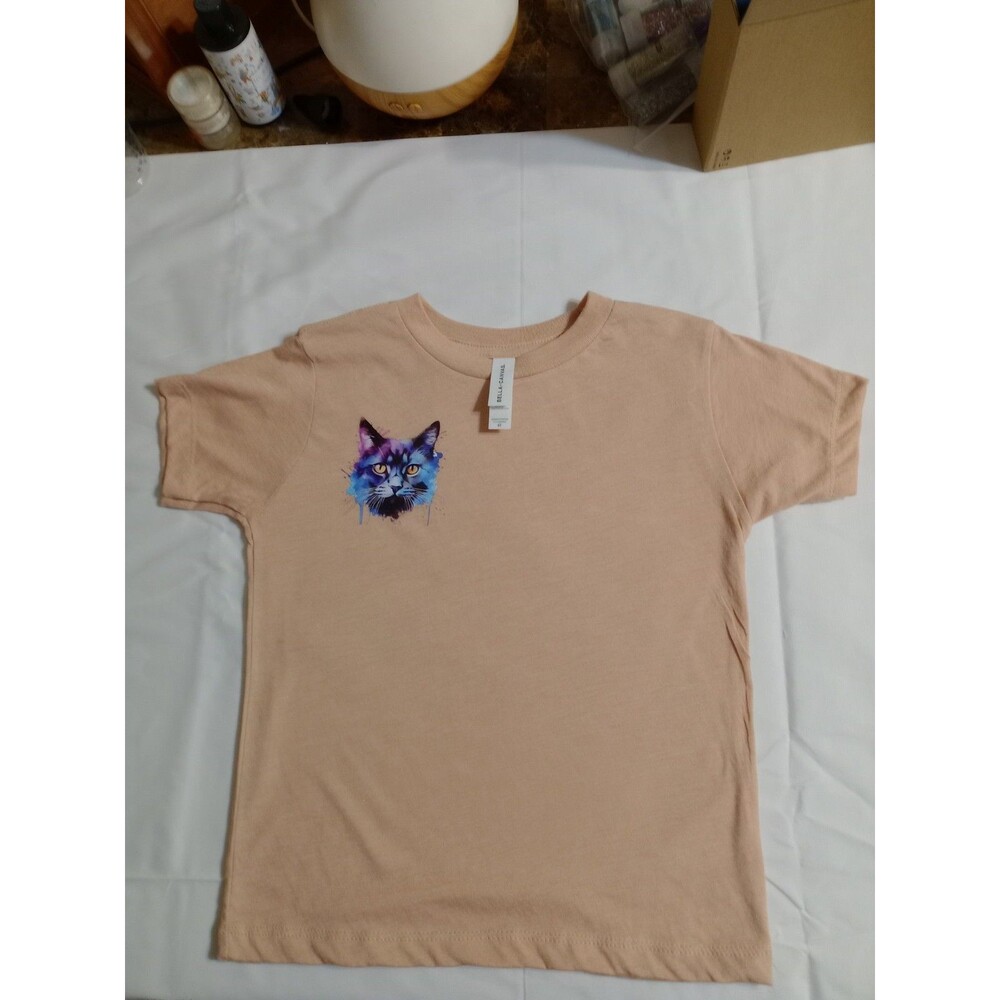 Girl's Pink Graphics Kitty Cat Pullover T-Shirt Sz Bella + Canvas Tee School New